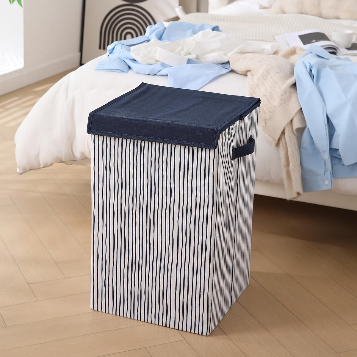 Foldable Laundry Basket for Clothes with Lid, Stripes