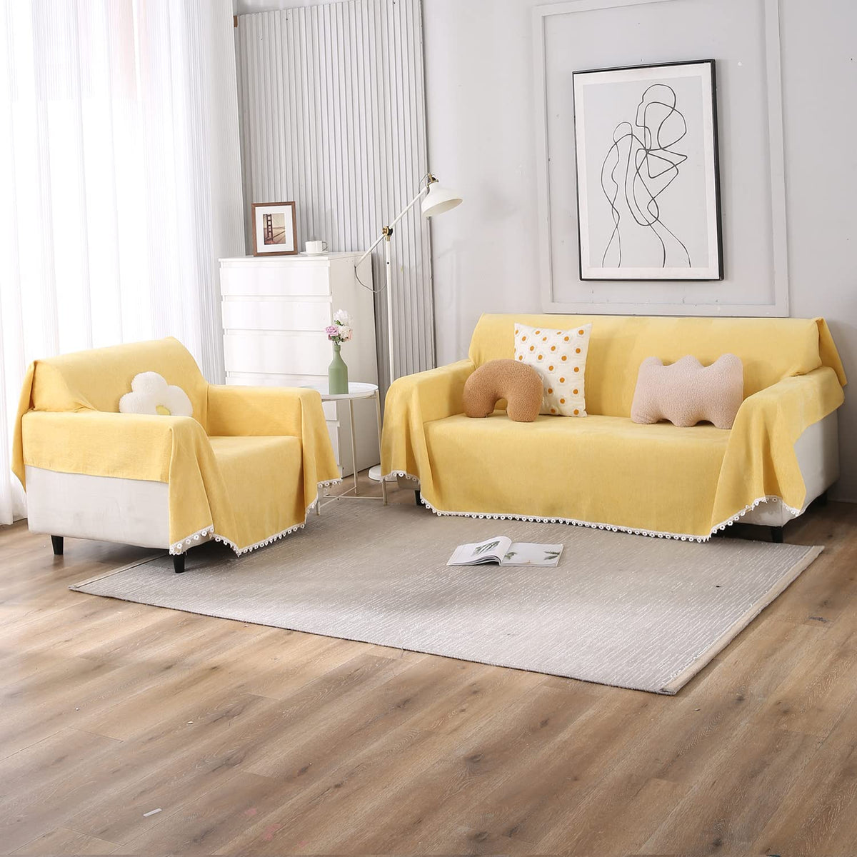 3+1 seater Yellow colour chenille sofa throw set 
