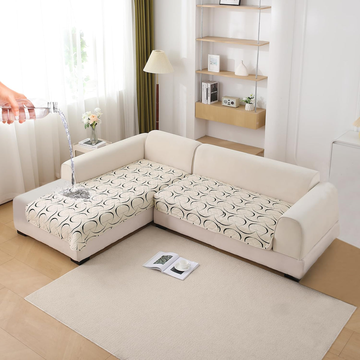 Waterproof Printed Quilted Quick Dry L Shape Sofa Seat Cover Mat, Natural Beige Abstract Art