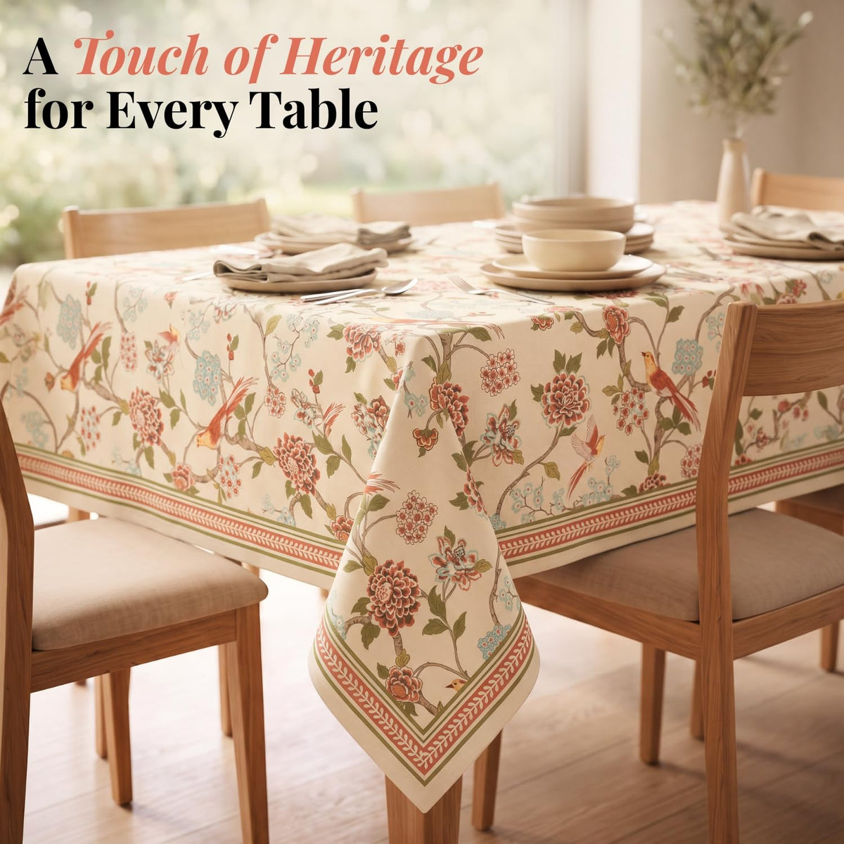 HOKIPO Bird Print 6 Seater Table Cover Cloth, Cream - image 2