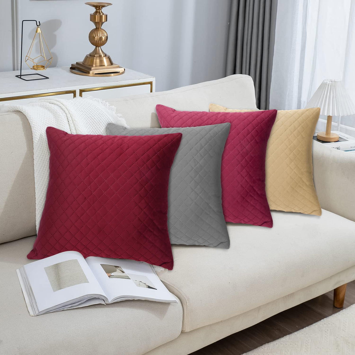 Buy Stylish Sangria Red colour Zippered Square Quilted Velvet Sofa Pillow Covers