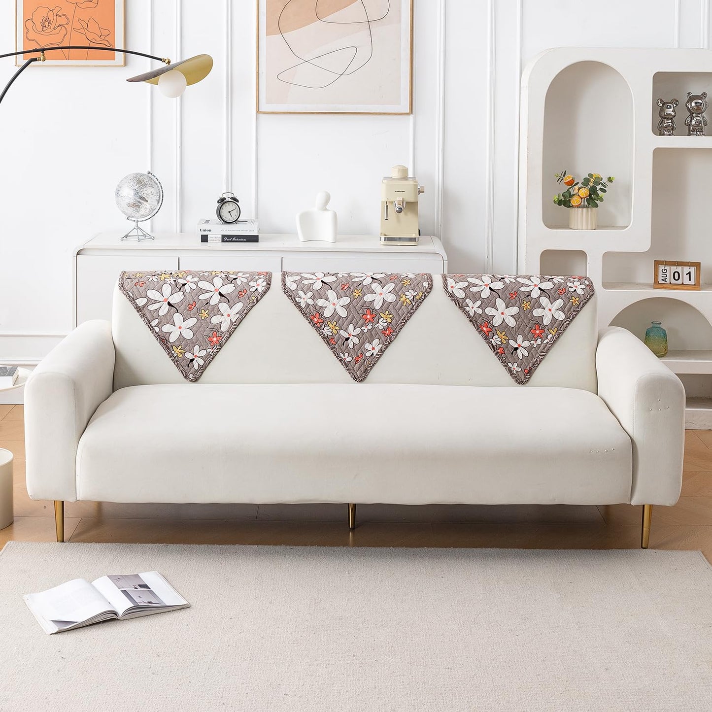 Printed Quilted Sofa Cover Mats, Pastel Brown Sandwort Flower