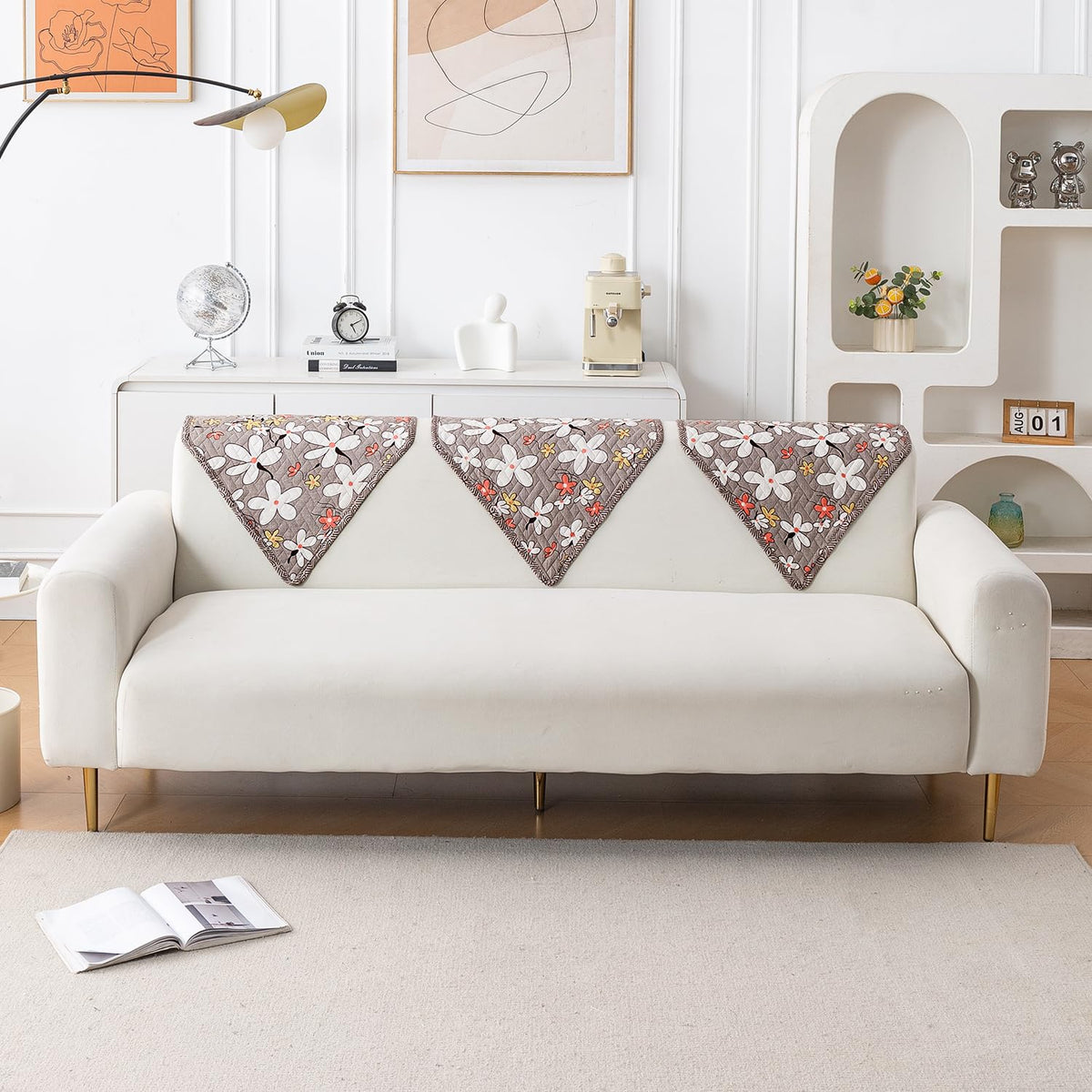 'Homehues' Printed Quilted Sofa Cover Mats, Pastel Brown Sandwort Flower