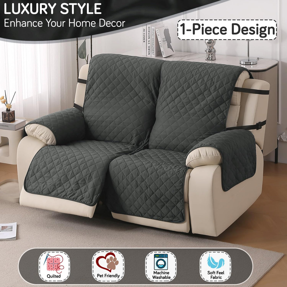 UrbanQuilt Recliner Sofa Slipcover Mat with Dual Belt for 1/2/3 Seater - Anchor Grey