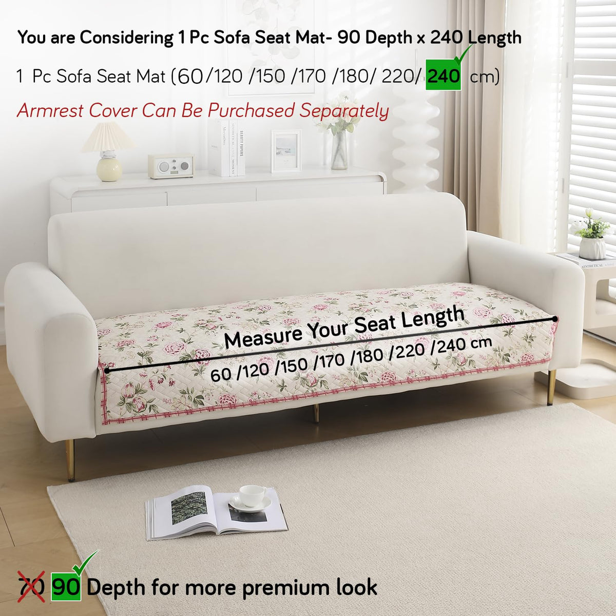 'Homehues' Printed Quilted Sofa Cover Mats, Beige Peonies