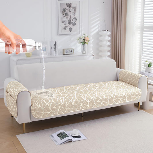 Waterproof Quilted Sofa Seat Mat for 1/2/3 Seater with 2 Armrest Covers with Pockets, Beige Abstract Geometry