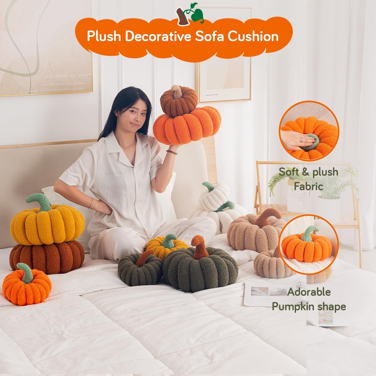 HOKIPO Pumpkin Shaped Throw Pillow for Fall & Party Decor, 35 cm, Orange