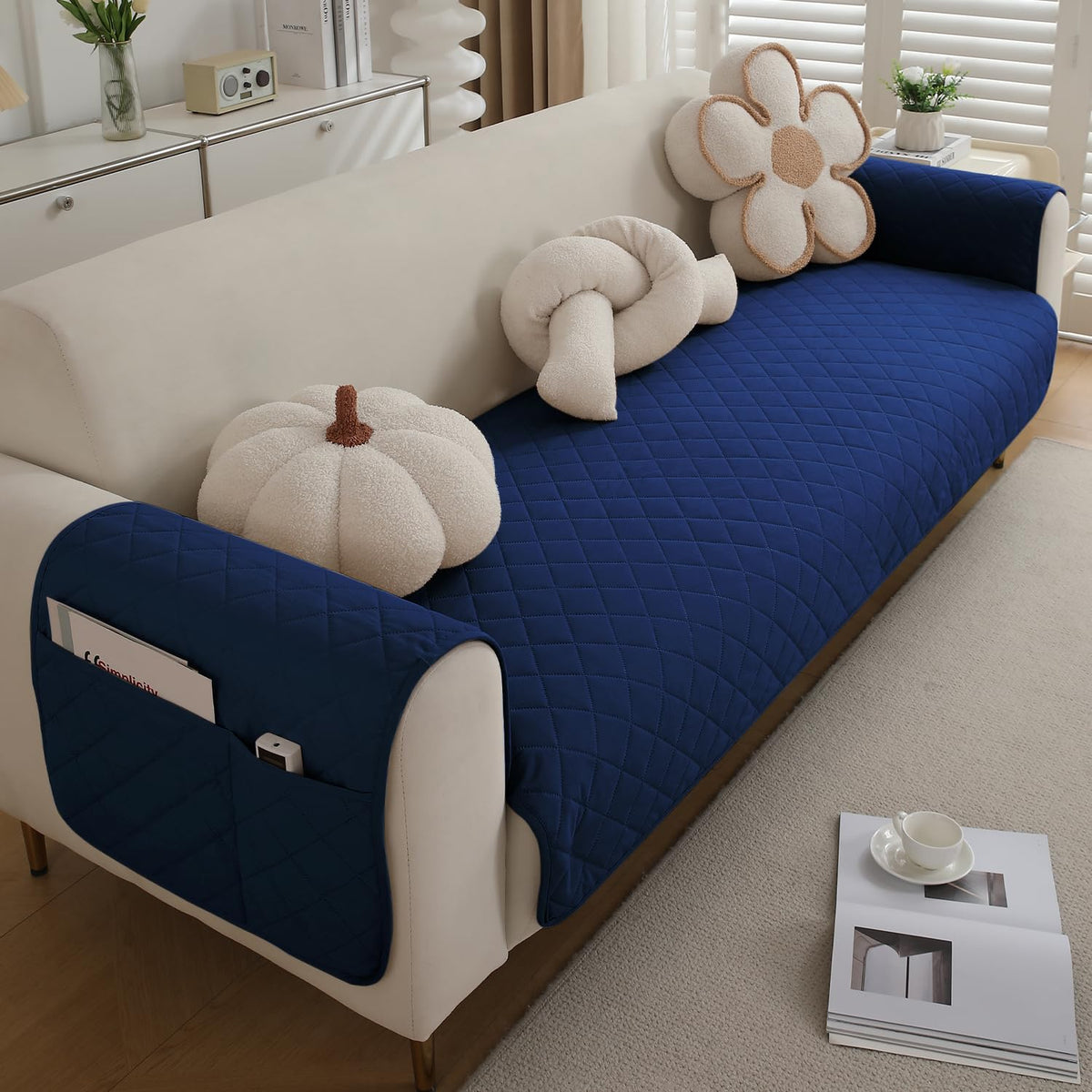 Quilted Waterproof Sofa Seat Mat for 1/2/3 Seater Sofa with 2 Armrest Covers with Pockets, Navy Blue
