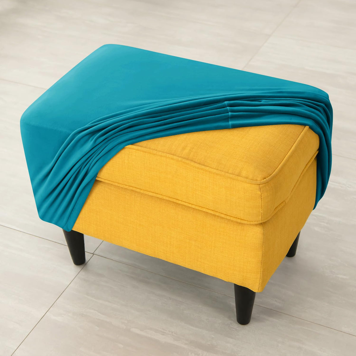 Premium 210 GSM Velvet Stretchable Ottoman Foot Rest Stool Cover, Turquoise