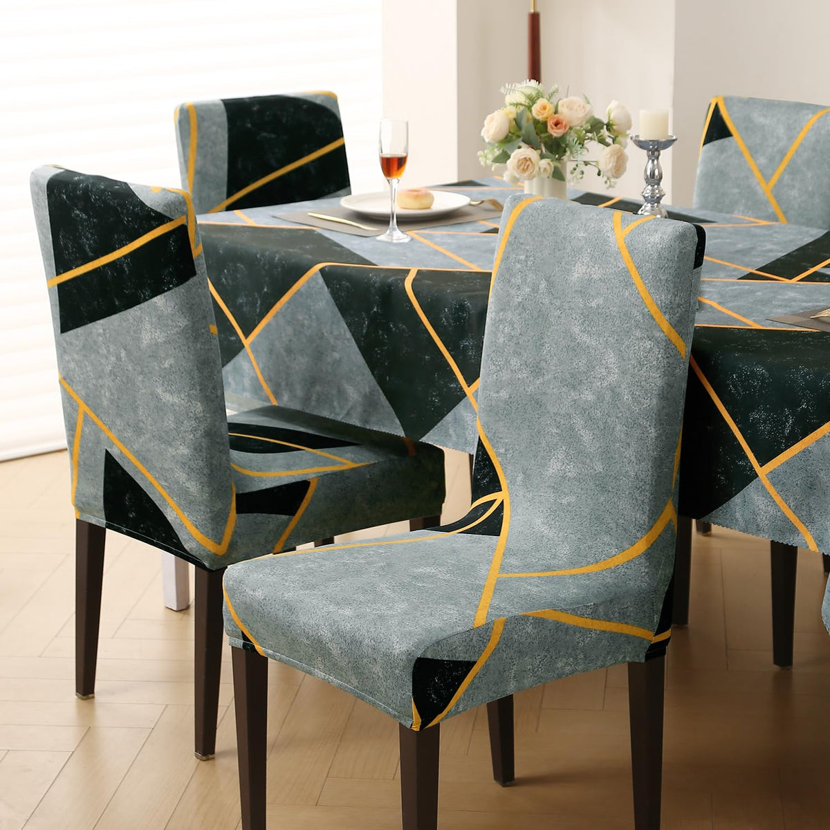 Elastic Dining Chair Covers with Matching Tablecloth, Multicolor Abstract Geometry