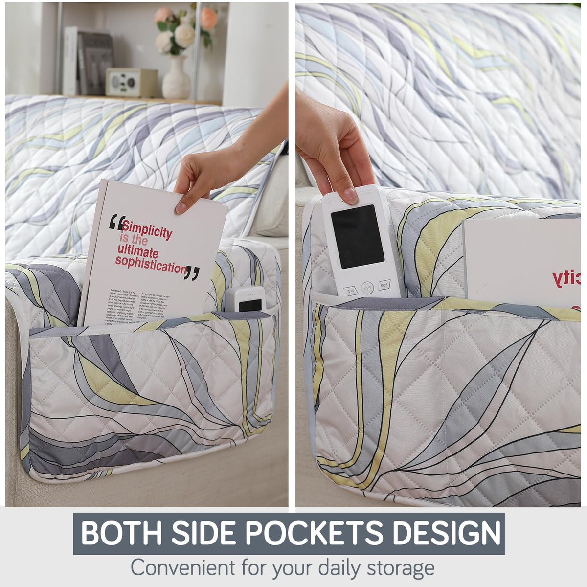 Curved Lines Pearl White print Quilted Waterproof Sofa Cover Set | Non Slip with Side Pockets