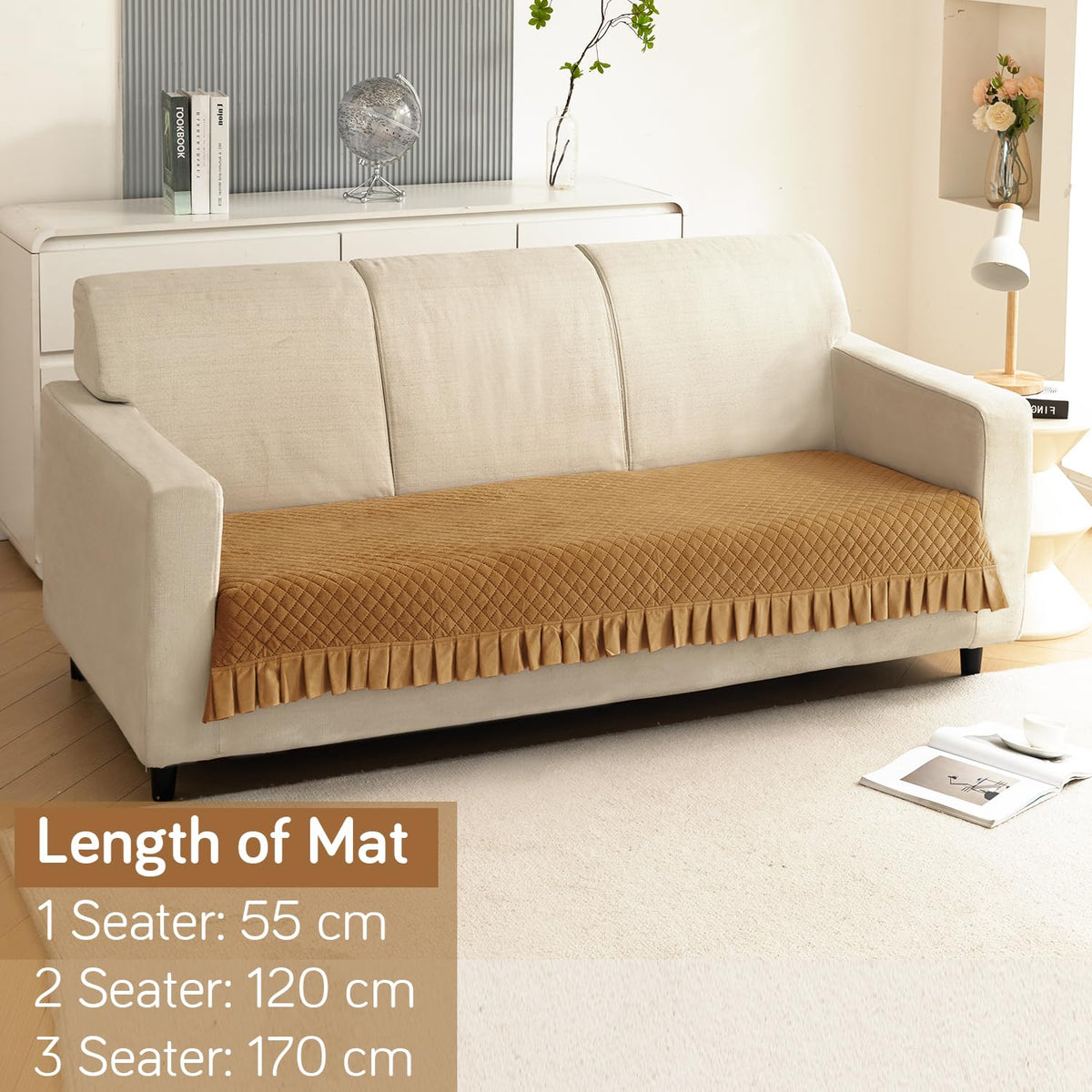 Holland Velvet Sofa Cover Seat Mat with Frill for 1/2/3 - Seater, Gold