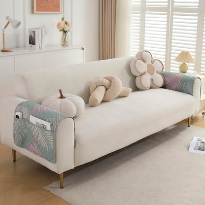 Polyester Printed Quilted Sofa Cover Mats, Tropical Leaves Pastel Green