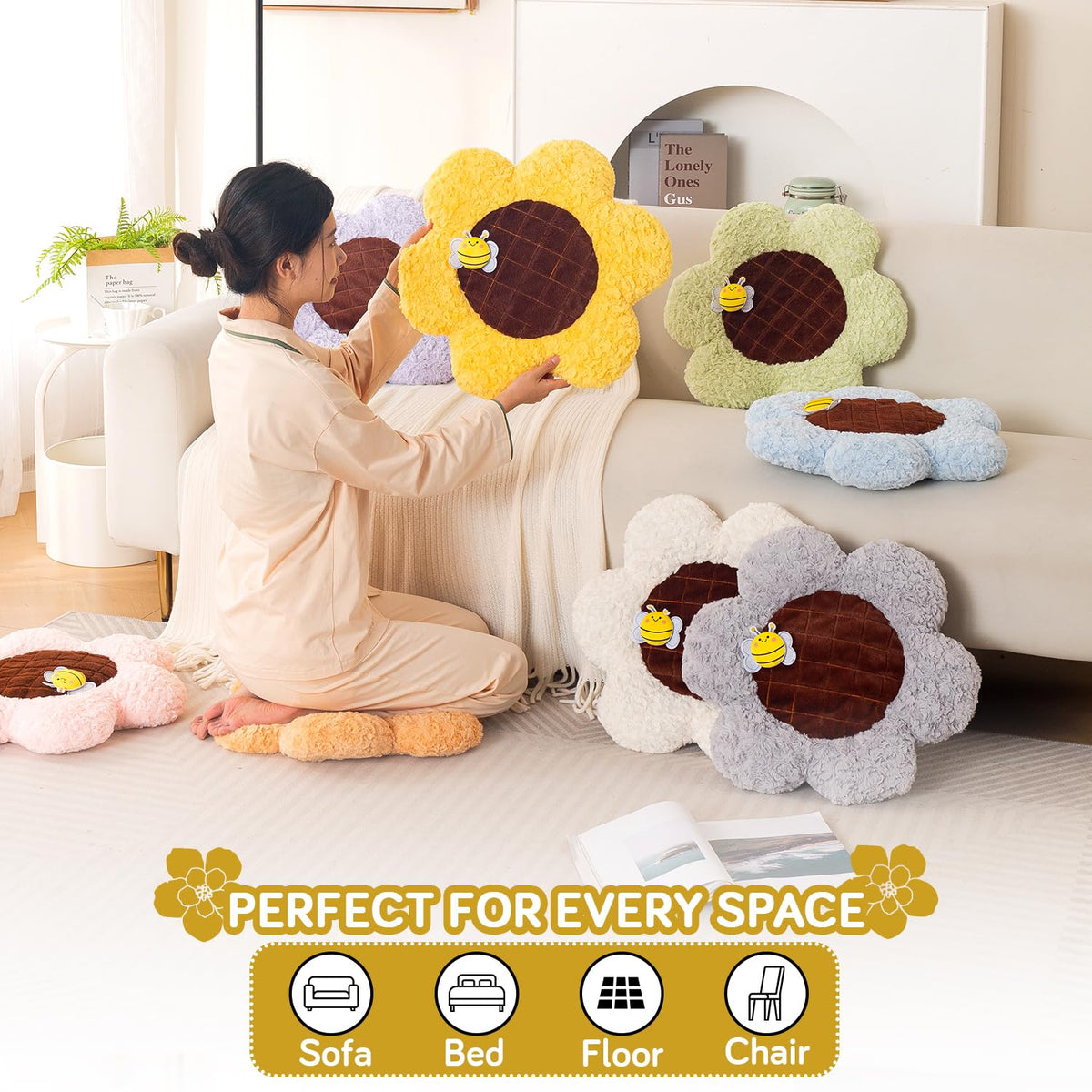 HOKIPO Sunflower Bee Cushion for Sofa & Bed, 50 cm, Yellow