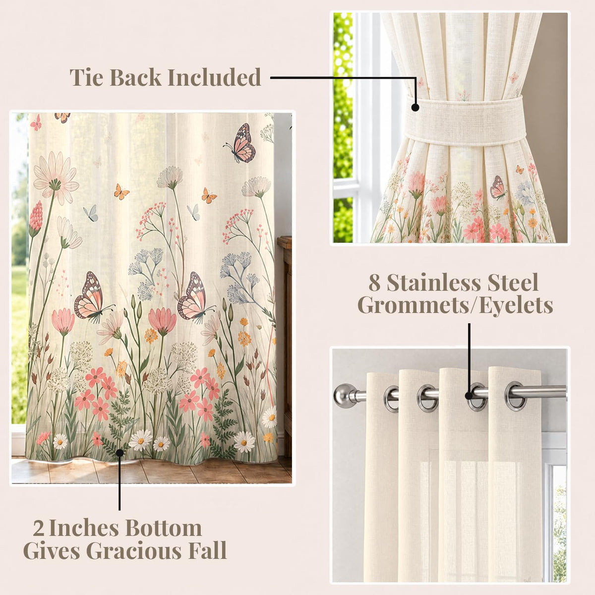 HOKIPO Meadow Bloom Sheer Curtains, 7 Feet Long - Butterfly Meadow - image 4