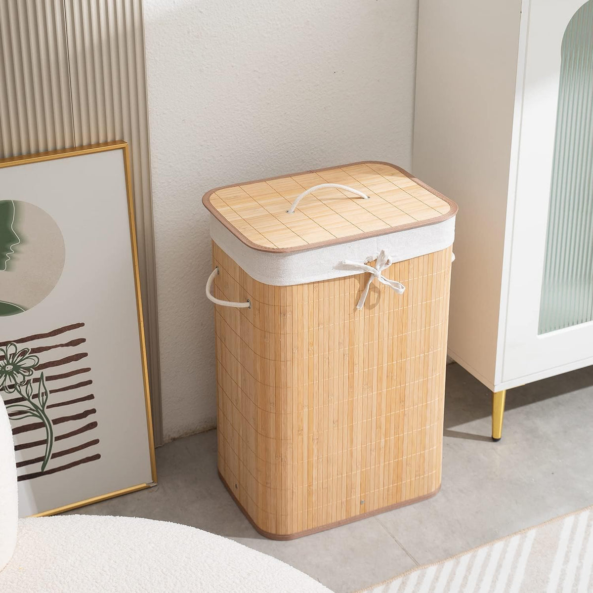 Eco-Friendly Foldable Bamboo Laundry Basket Hamper with Lid, Large - 81 Liter, Light Brown
