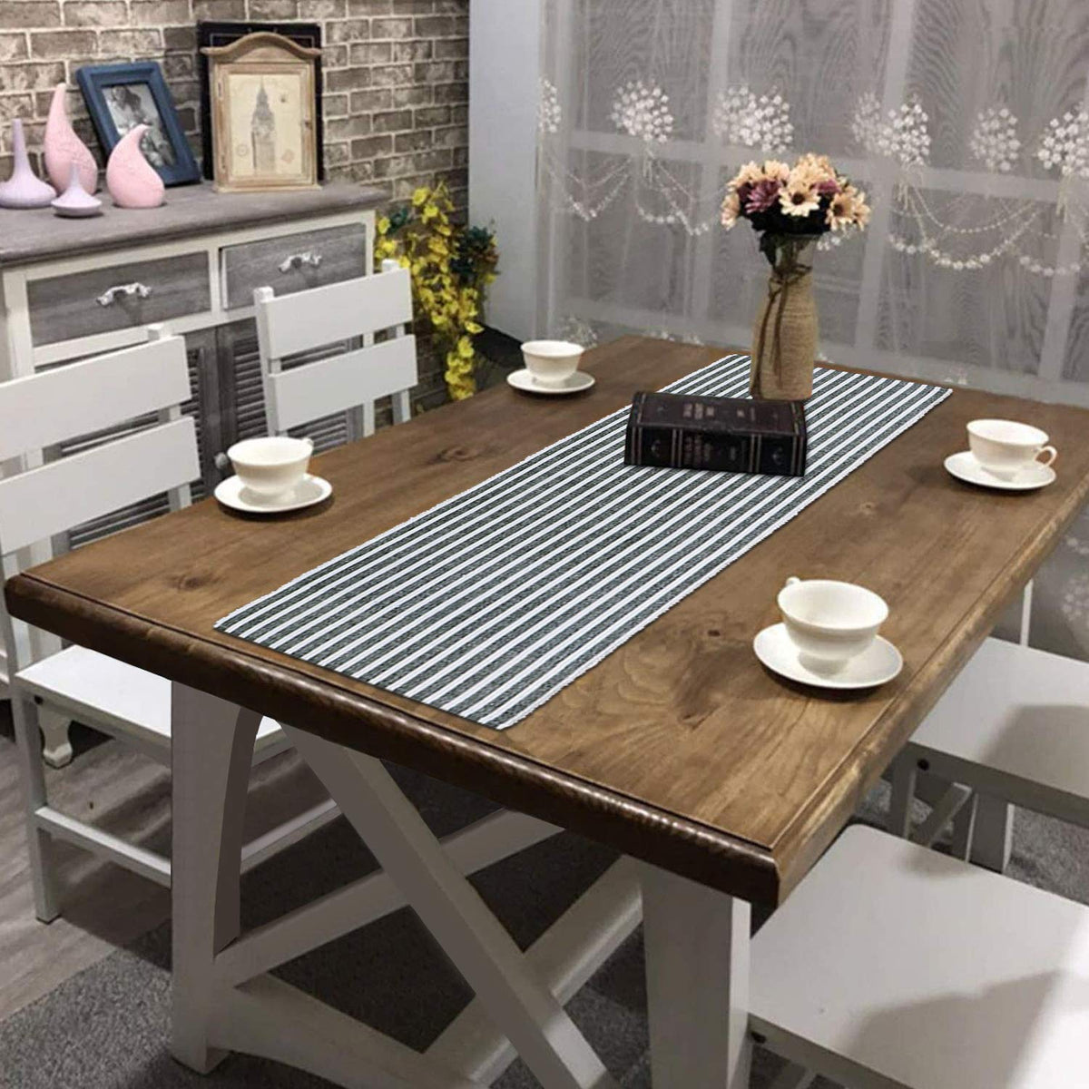 Buy Grey Colour Cotton Ribbed table runner for dining table | HOKIPO