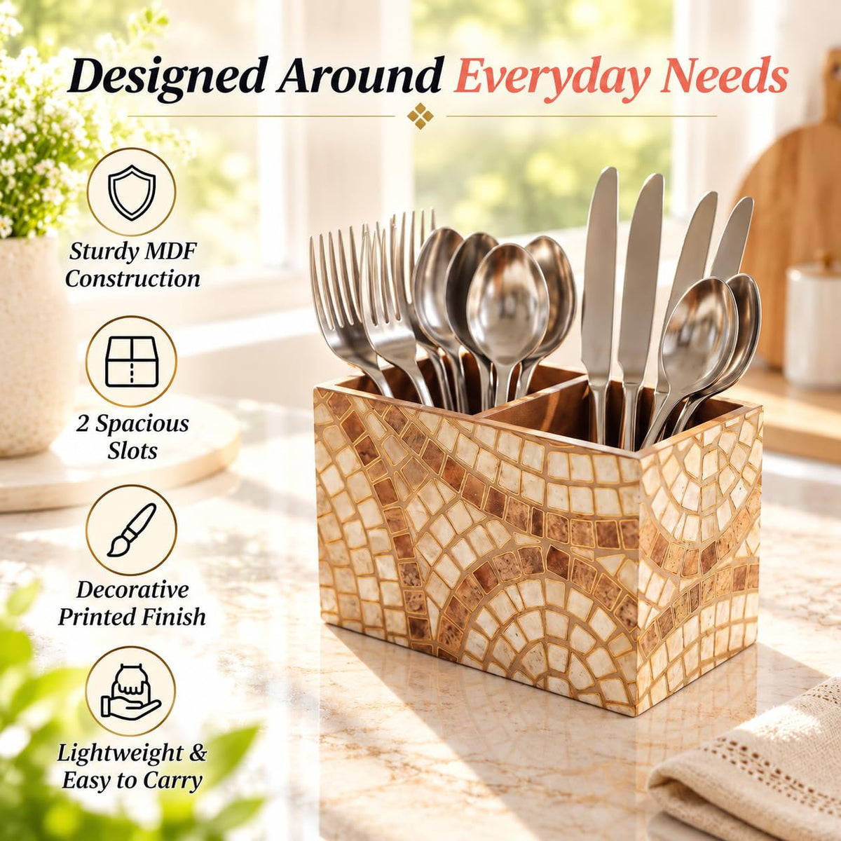 HOKIPO Cutlery Holder for Dining Table, Engineered Wood, Meher Mosaic - image 8