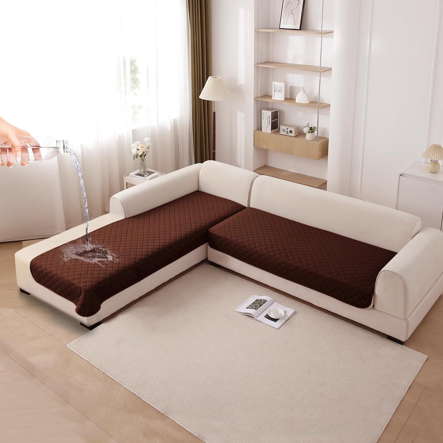 HOKIPO Waterproof Quilted Quick Dry L Shape Sofa Seat Cover Mat, Brown
