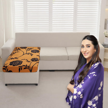 Stretchable 140gsm Printed Seat Couch Cushion Cover for 1/2/3 Seaters / Pieces for Sofa, Copper Brown Floral