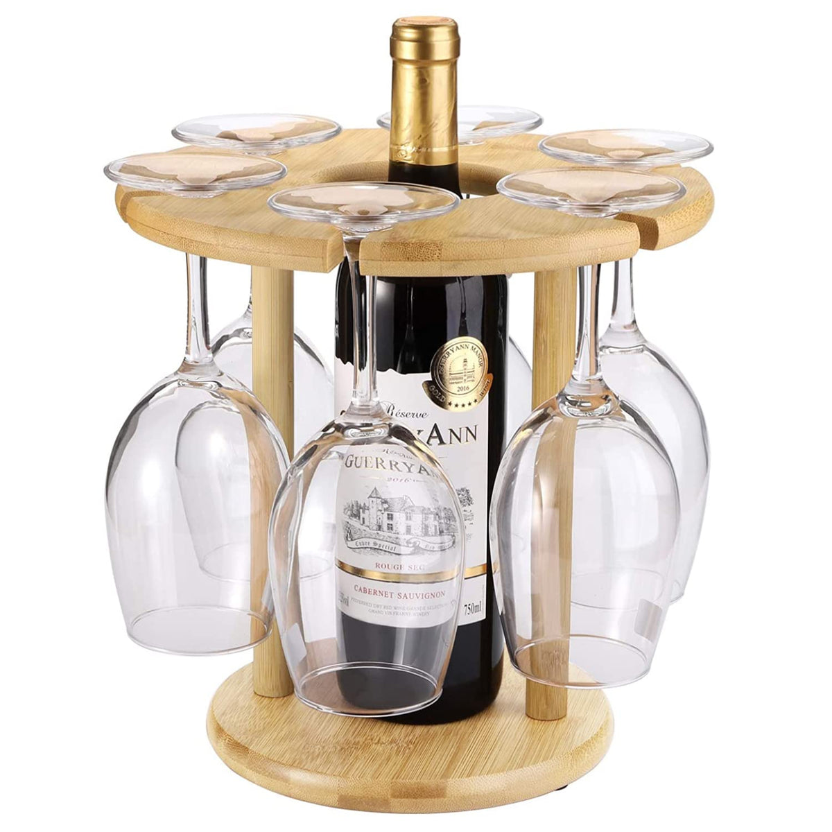 Bamboo Wine Glass Rack Counter Table Top Wooden Wine Bottle Storage Holder for Kitchen, Bar, Cabinets Holds 6 Glass
