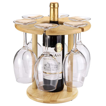 Bamboo Wine Glass Rack Counter Table Top Wooden Wine Bottle Storage Holder for Kitchen, Bar, Cabinets Holds 6 Glass