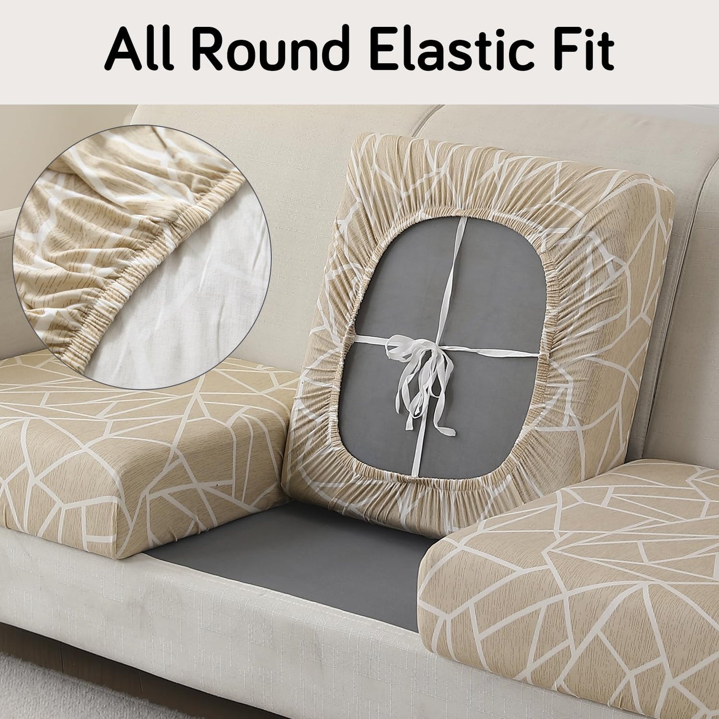 140 GSM Stretchable Printed Elastic Sofa Cushion Seat Cover for 1 /2 /3 Seaters / Pieces for Sofa, Beige Abstract Geometry