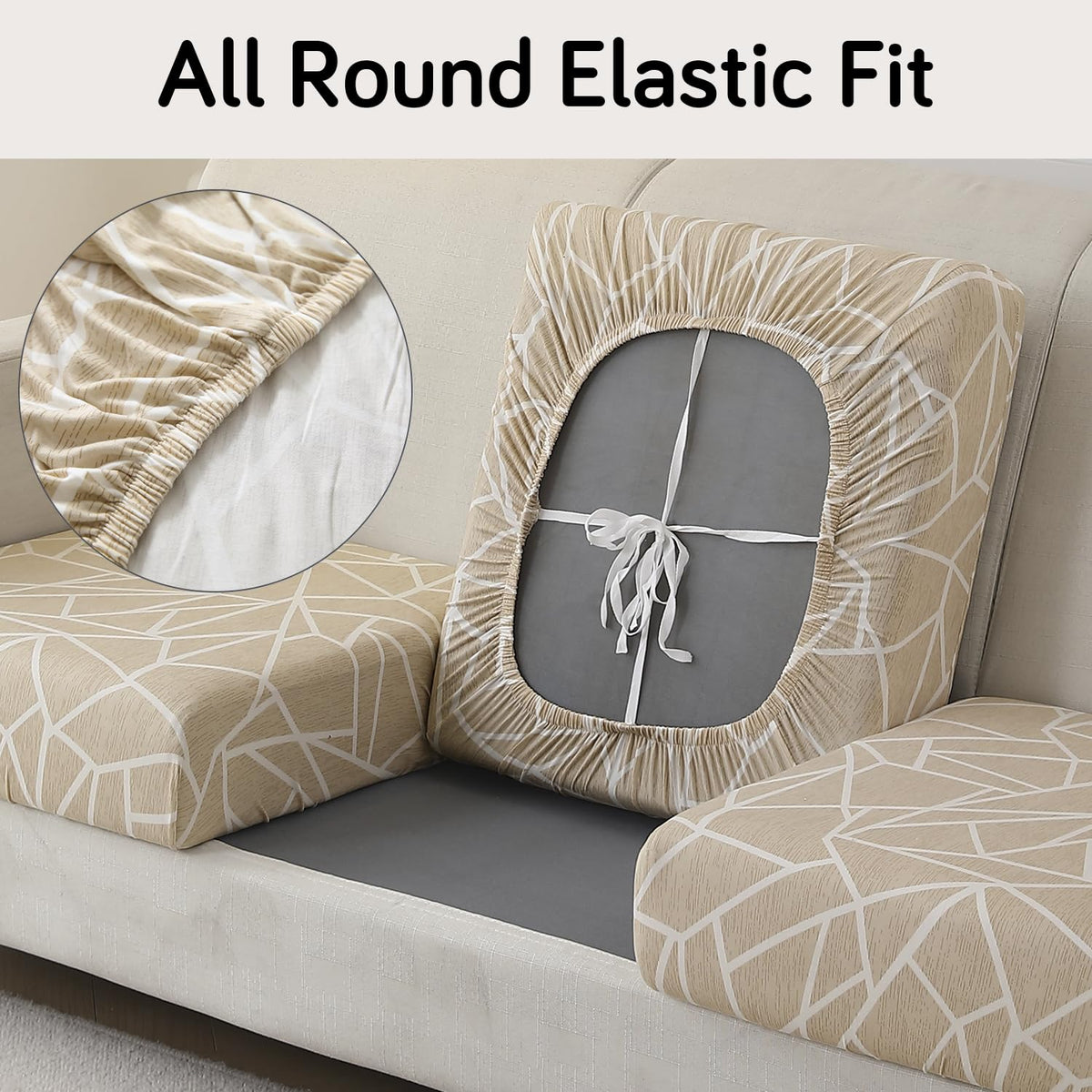 140 GSM Stretchable Printed Elastic Sofa Cushion Seat Cover for 1 /2 /3 Seaters / Pieces for Sofa, Beige Abstract Geometry