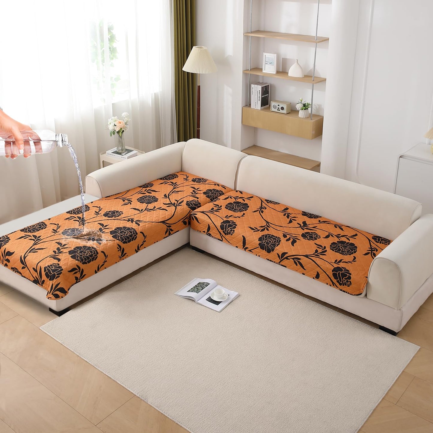 Waterproof Printed Quilted Quick Dry L Shape Sofa Seat Cover Mat, Copper Brown Floral