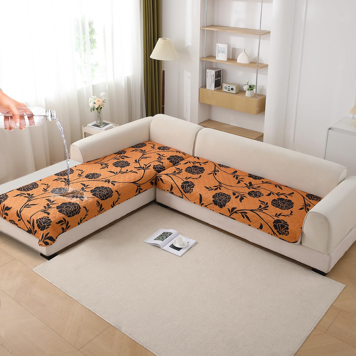 Waterproof Printed Quilted Quick Dry L Shape Sofa Seat Cover Mat, Copper Brown Floral