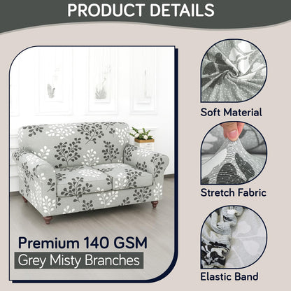 Printed Stretchable Sofa Slipcover with 1/2/3 Pc Separate Seat Cushion Cover for each 1/2/3 Seater, Grey Misty Branches