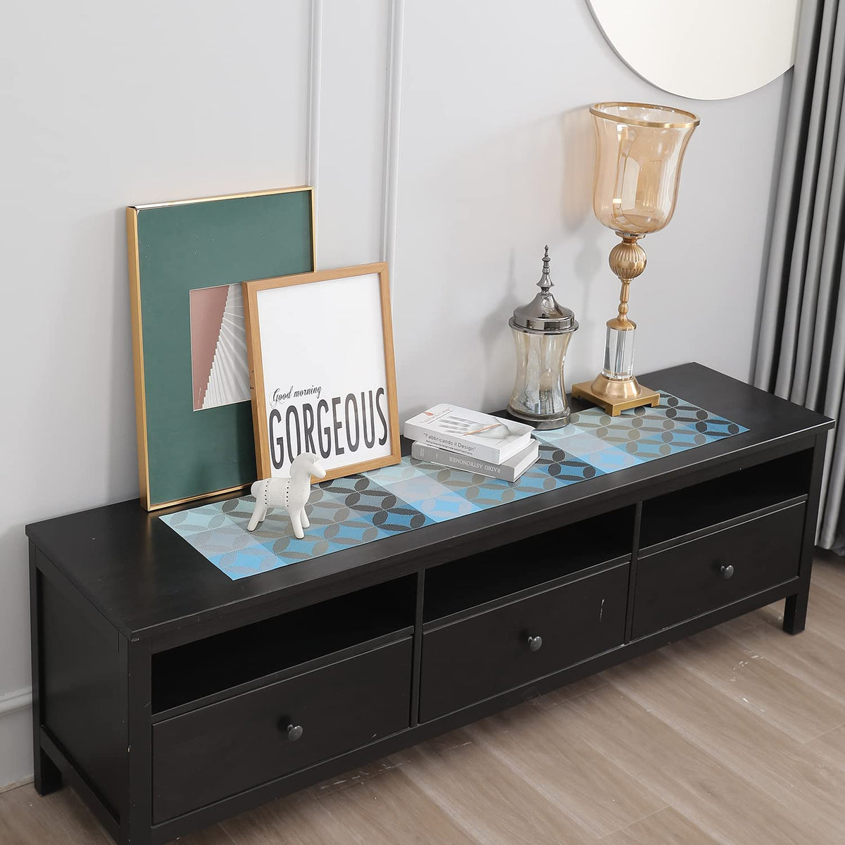 Buy Geometric Blue Colour PVC Side Tables Runner | HOKIPO