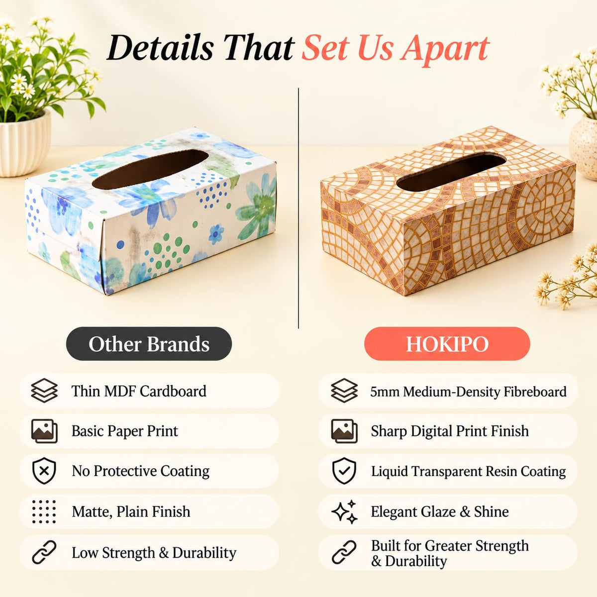 HOKIPO Tissue Box Holder, Rectangle, Engineered Wood, Meher Mosaic - image 3