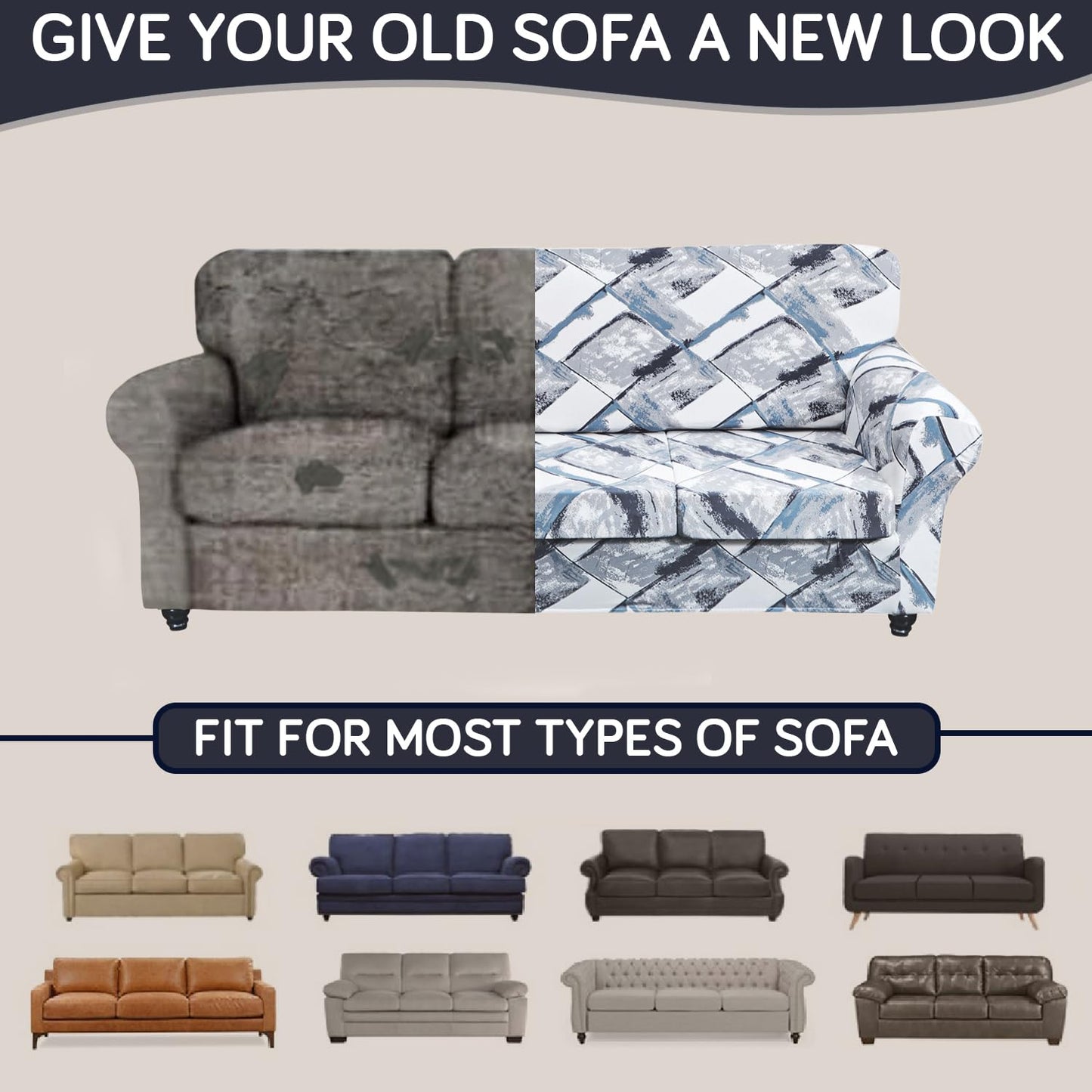 Printed Stretchable Sofa Slipcover with 1/2/3 Pc Separate Seat Cushion Cover for each 1/2/3 Seater, Graphite Glacier Grid