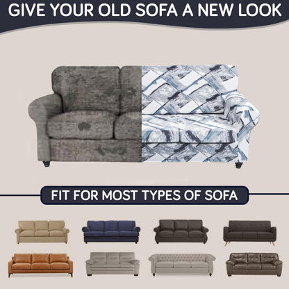 Printed Stretchable Sofa Slipcover with 1/2/3 Pc Separate Seat Cushion Cover for each 1/2/3 Seater, Graphite Glacier Grid