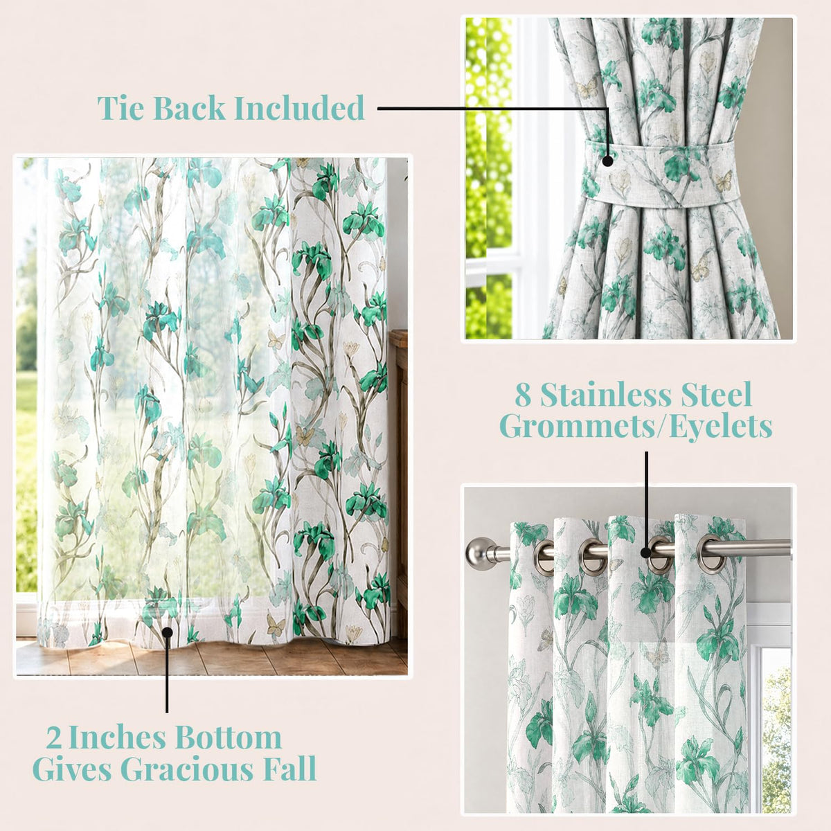HOKIPO Iris Sheer Curtains, 7 Feet Long - Green - image 4