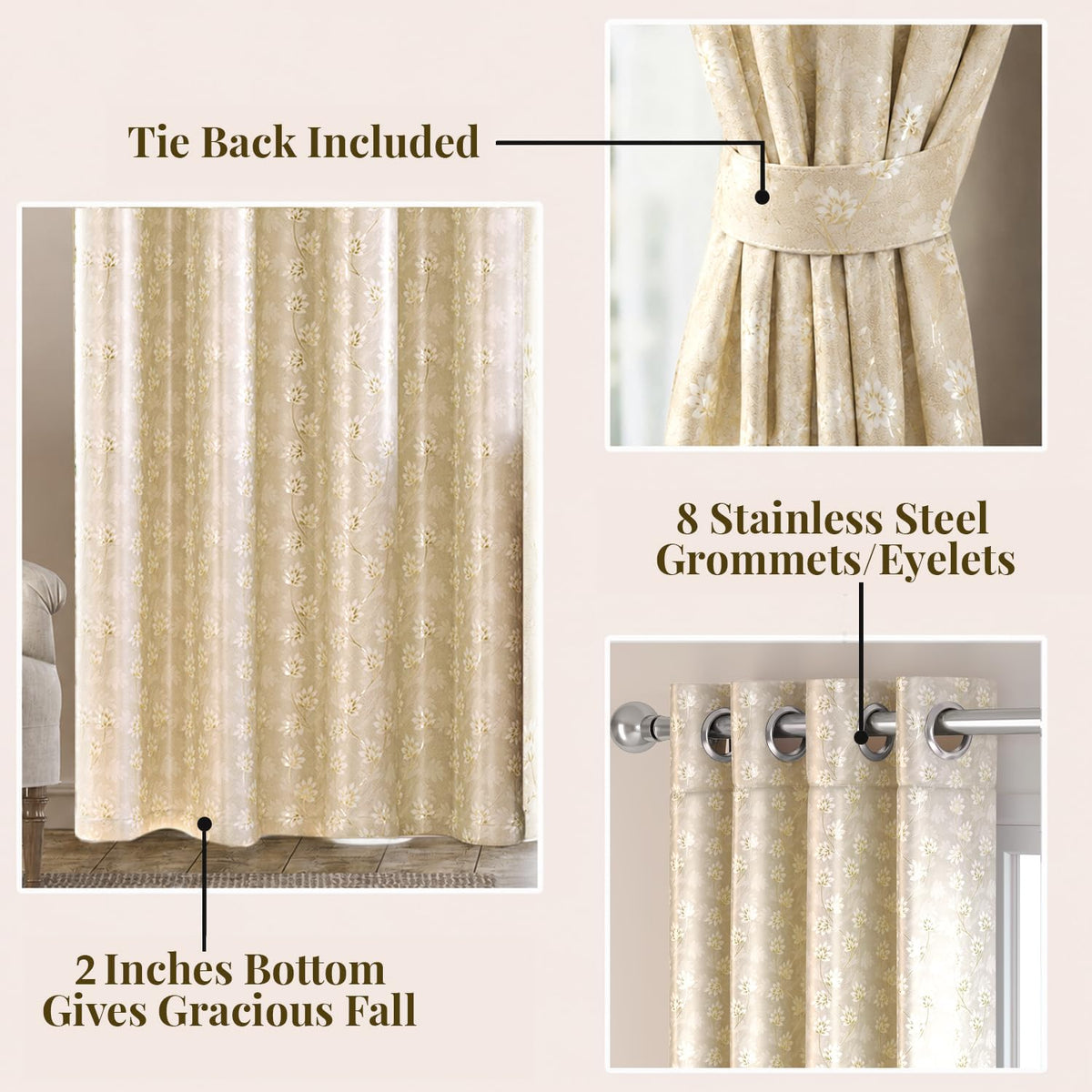 HOKIPO Vogue Shine Eyelet Curtains, 7 Feet Long - Champagne Beige - image 4