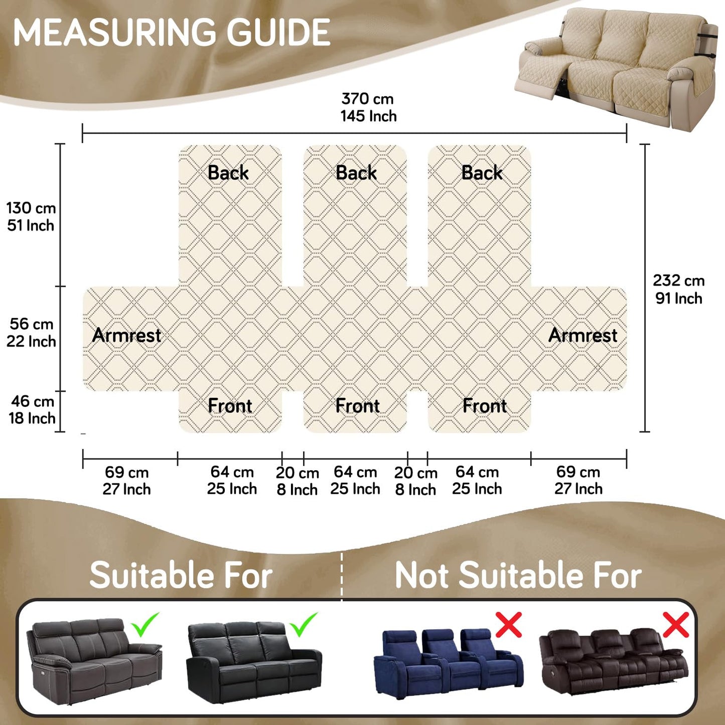UrbanQuilt Recliner Sofa Slipcover Mat with Dual Belt for 1/2/3 Seater - Beige