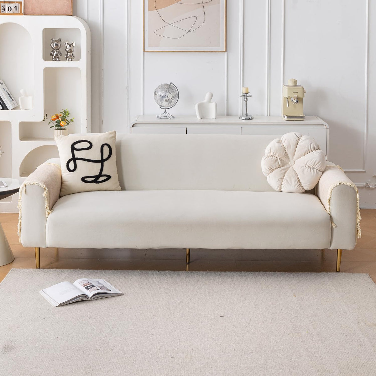 Serenity Tassel Chenille Sofa Cover with Tassel – Ivory Fringe