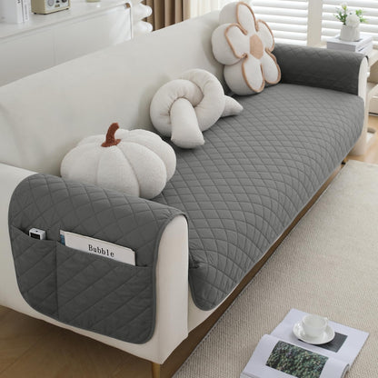 HOKIPO Quilted Waterproof Sofa Seat Mat with 2 Armrest Covers with Pockets, Light Grey