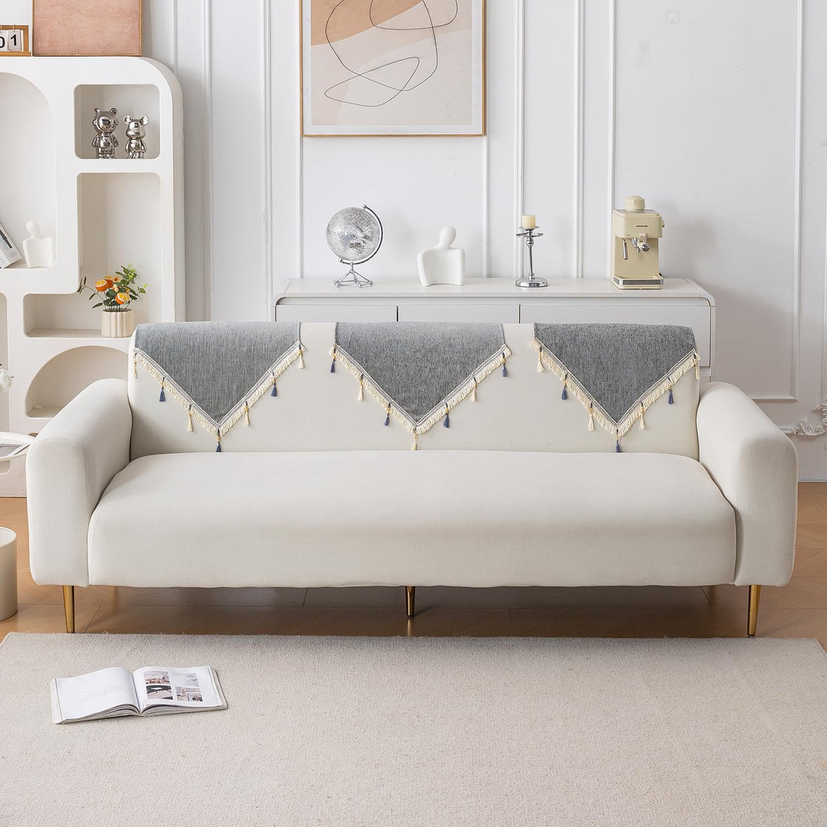 Serenity Tassel Chenille Sofa Cover with Tassel – Glacier Silver