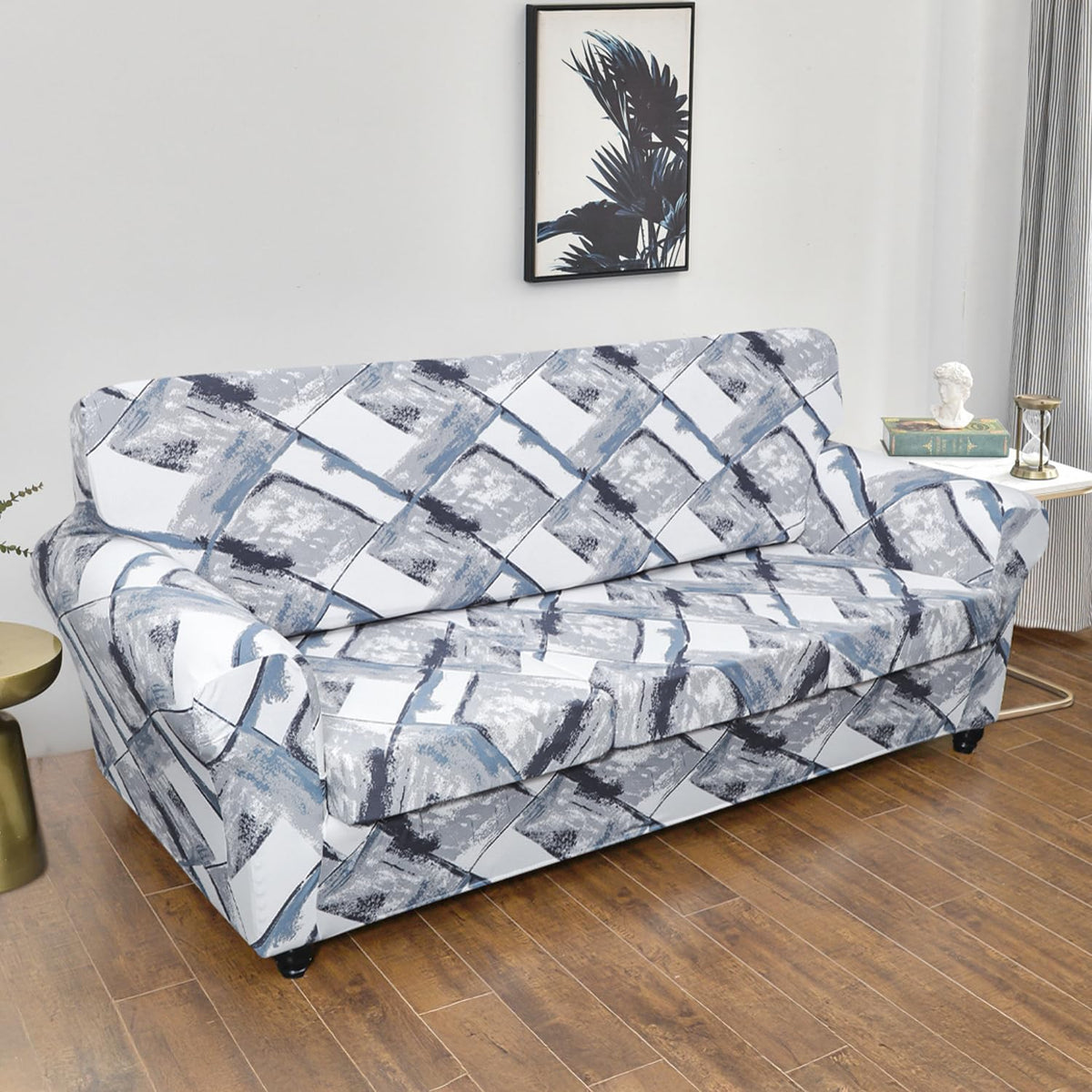 Printed Stretchable Sofa Slipcover with 1/2/3 Pc Separate Seat Cushion Cover for each 1/2/3 Seater, Graphite Glacier Grid