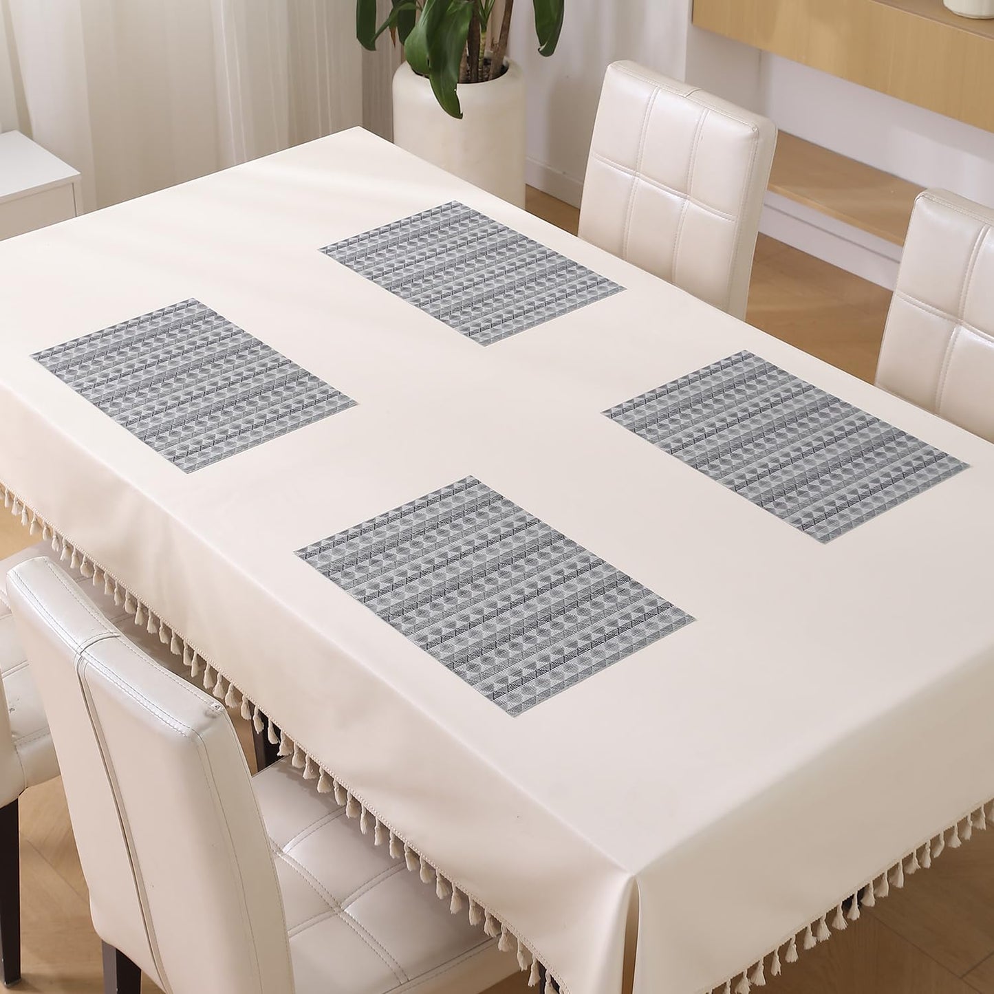 HOKIPO PVC Dining Table Mats and Runner Set of 4/6, Cool Grey Rhombus