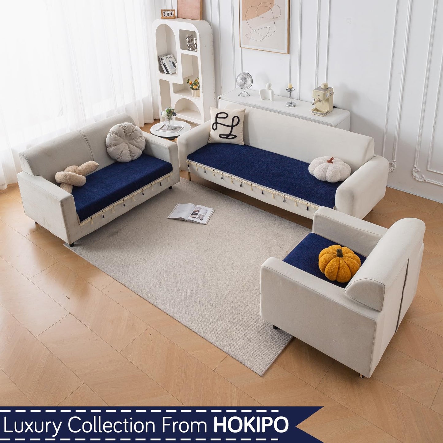 Serenity Tassel Chenille Sofa Cover with Tassel – Sapphire Navy