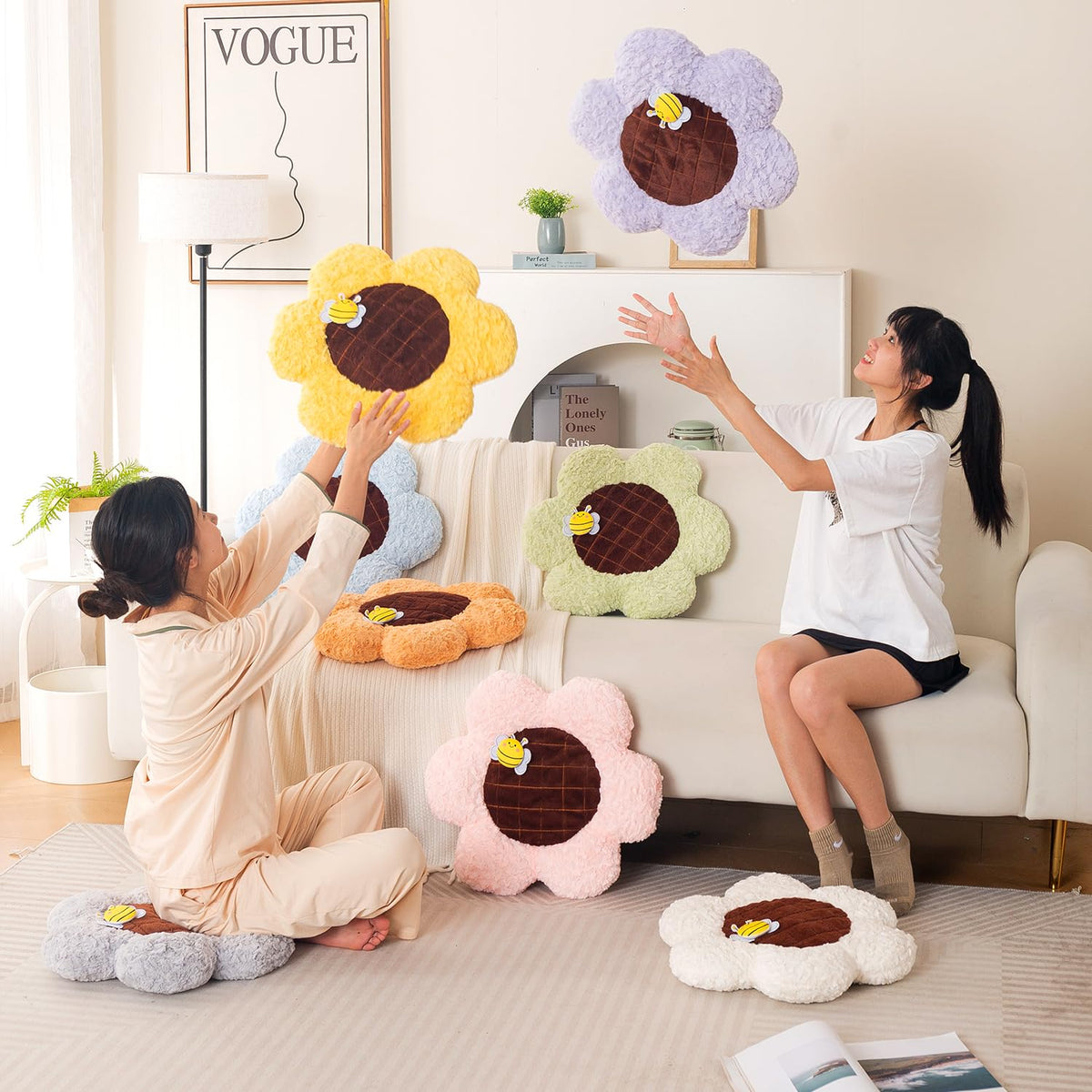 HOKIPO Sunflower Bee Cushion for Sofa & Bed, 50 cm, Grey