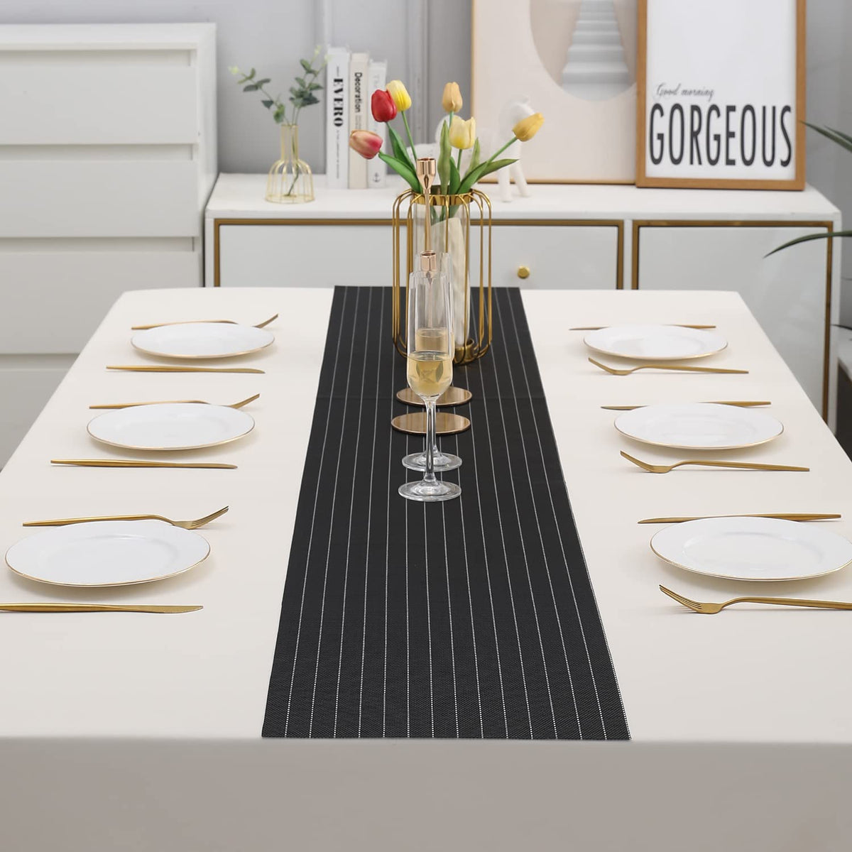 Buy Striped Black Colour PVC Dining Table Runner for 6 Seater Tables | HOKIPO