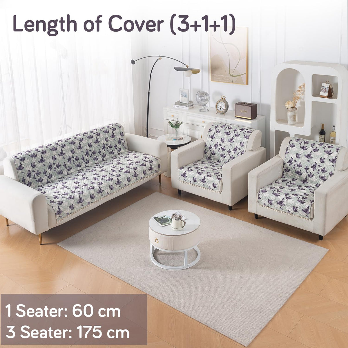 Quilted Sofa Cover 5-Seater Sofa Cover (3+1+1), Tassel Twigs | Lavender Vine