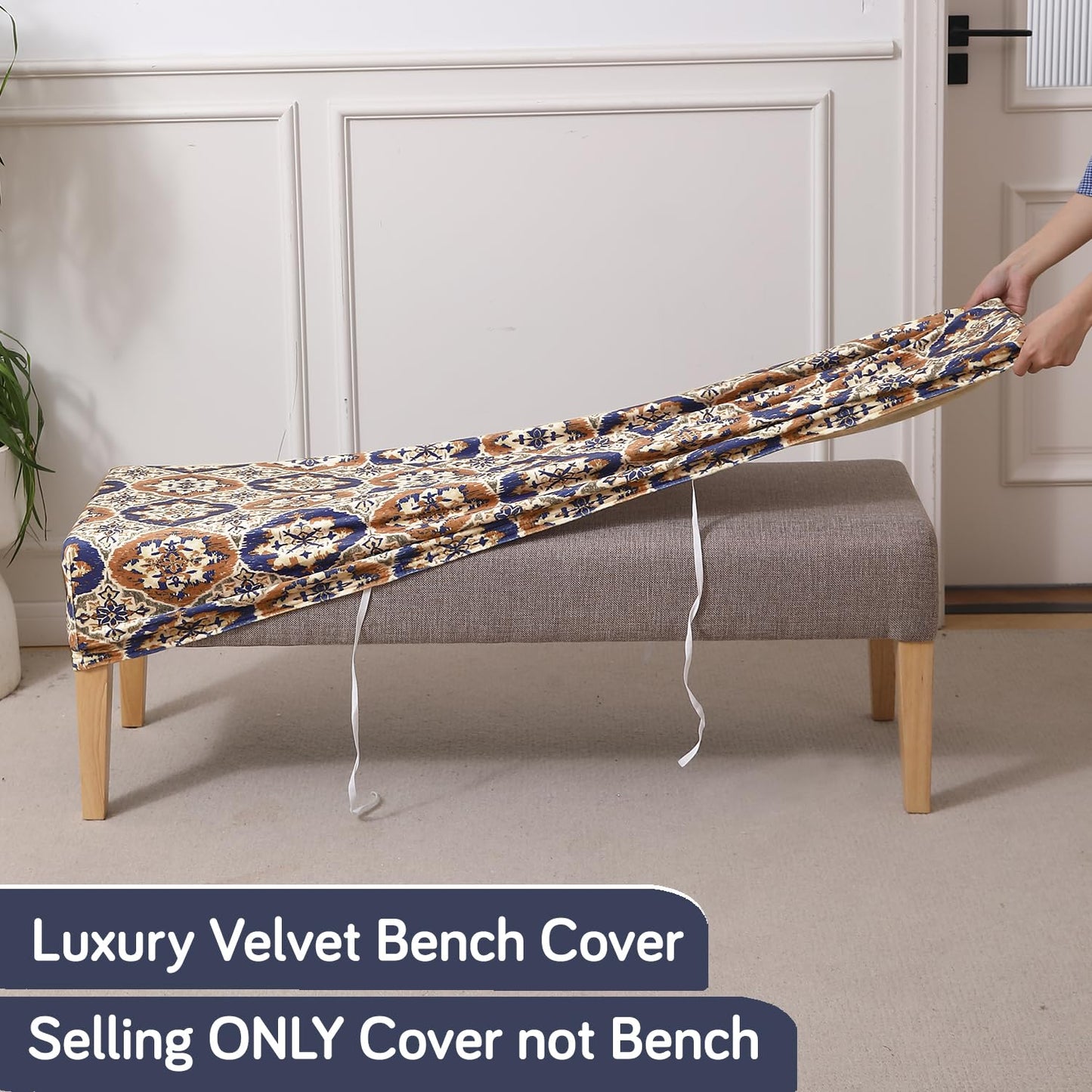 Premium Printed Velvet Dining Bench Cover, Indigo Moroccan Charm