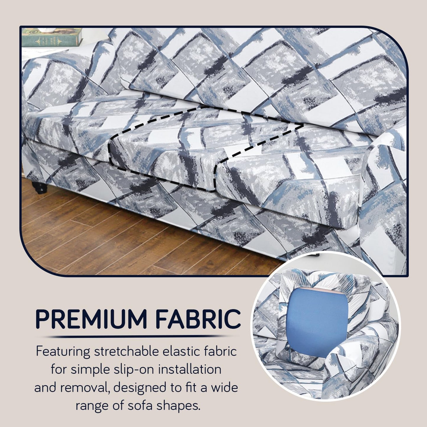 Printed Stretchable Sofa Slipcover with 1/2/3 Pc Separate Seat Cushion Cover for each 1/2/3 Seater, Graphite Glacier Grid