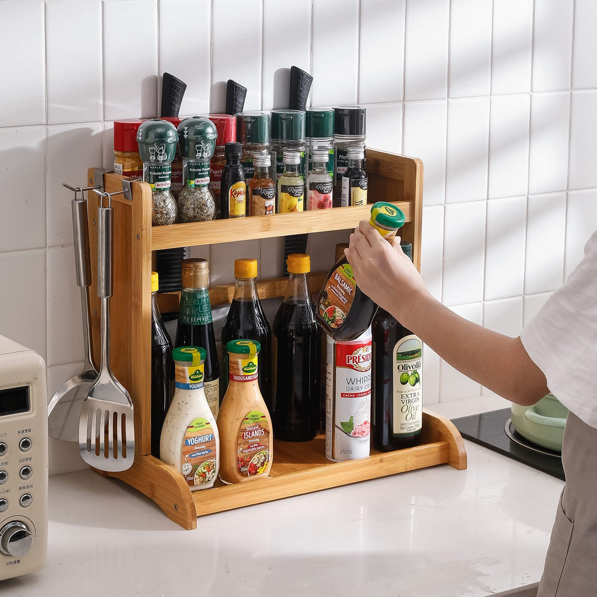 Bamboo 2 Tier Spice Rack Organizer For Kitchen Platform Countertop, Tabletop, Hanging Rack Storage Shelf Stand, Tiered Shelf